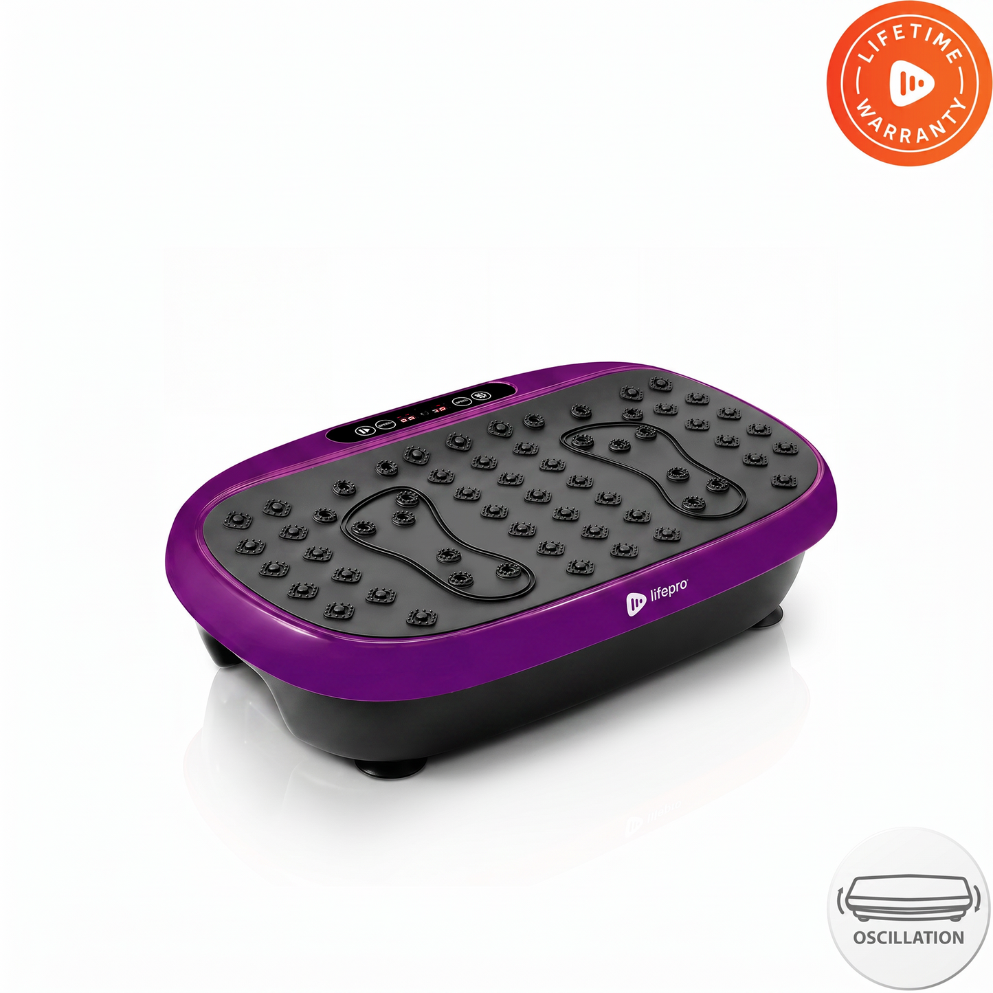 Purple HexaPlate Lite vibration plate, studio shot showing its acupressure massage nodes, two foot-zone outlines, and a Lifetime Warranty badge — contradicts the surviving original product photo on this listing, which shows a 2 Year Warranty badge instead.