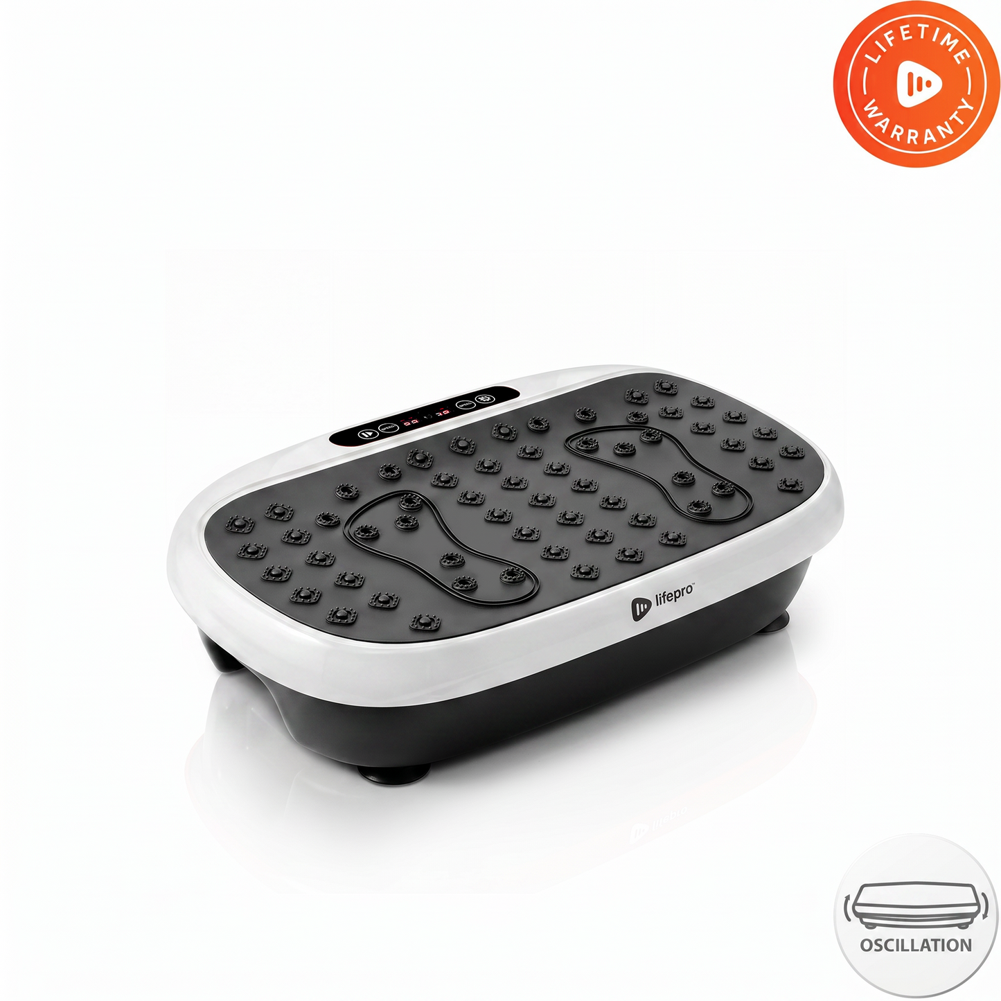 White HexaPlate Lite vibration plate, studio shot showing its acupressure massage nodes, two foot-zone outlines, and a Lifetime Warranty badge — contradicts the surviving original product photo on this listing, which shows a 2 Year Warranty badge instead.