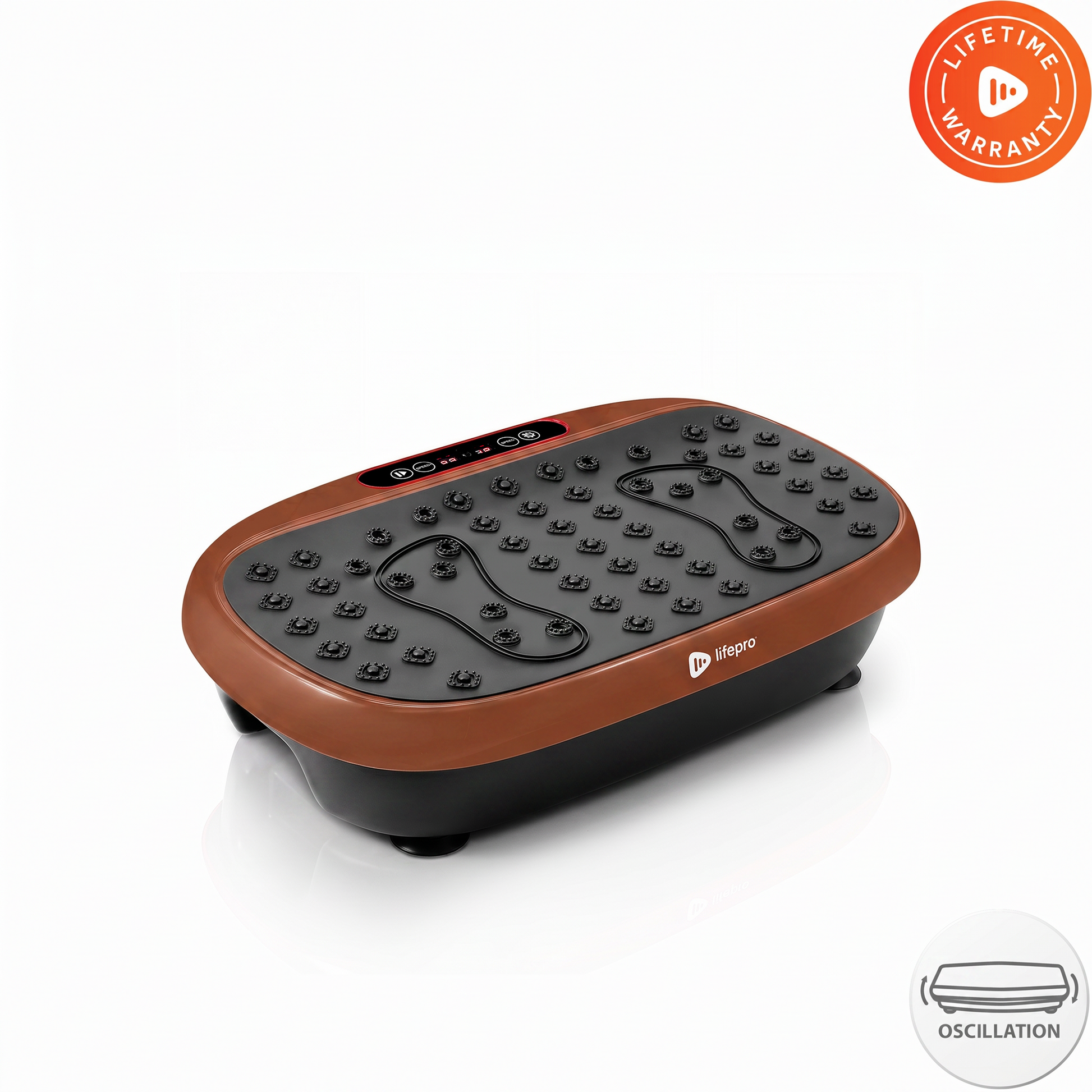 Lifepro HexaPlate Lite vibration plate in a reddish copper-brown finish, angled studio shot with Lifetime Warranty and oscillation badges.