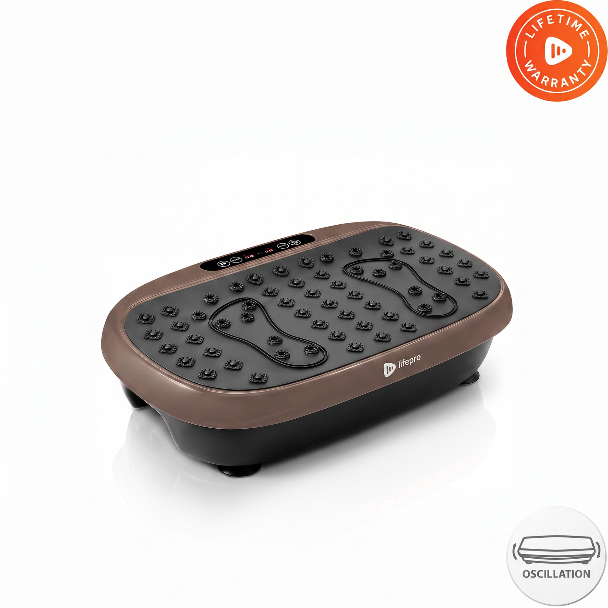 Lifepro HexaPlate Lite vibration plate in bronze, angled studio shot with LED display and Lifetime Warranty and oscillation badges.