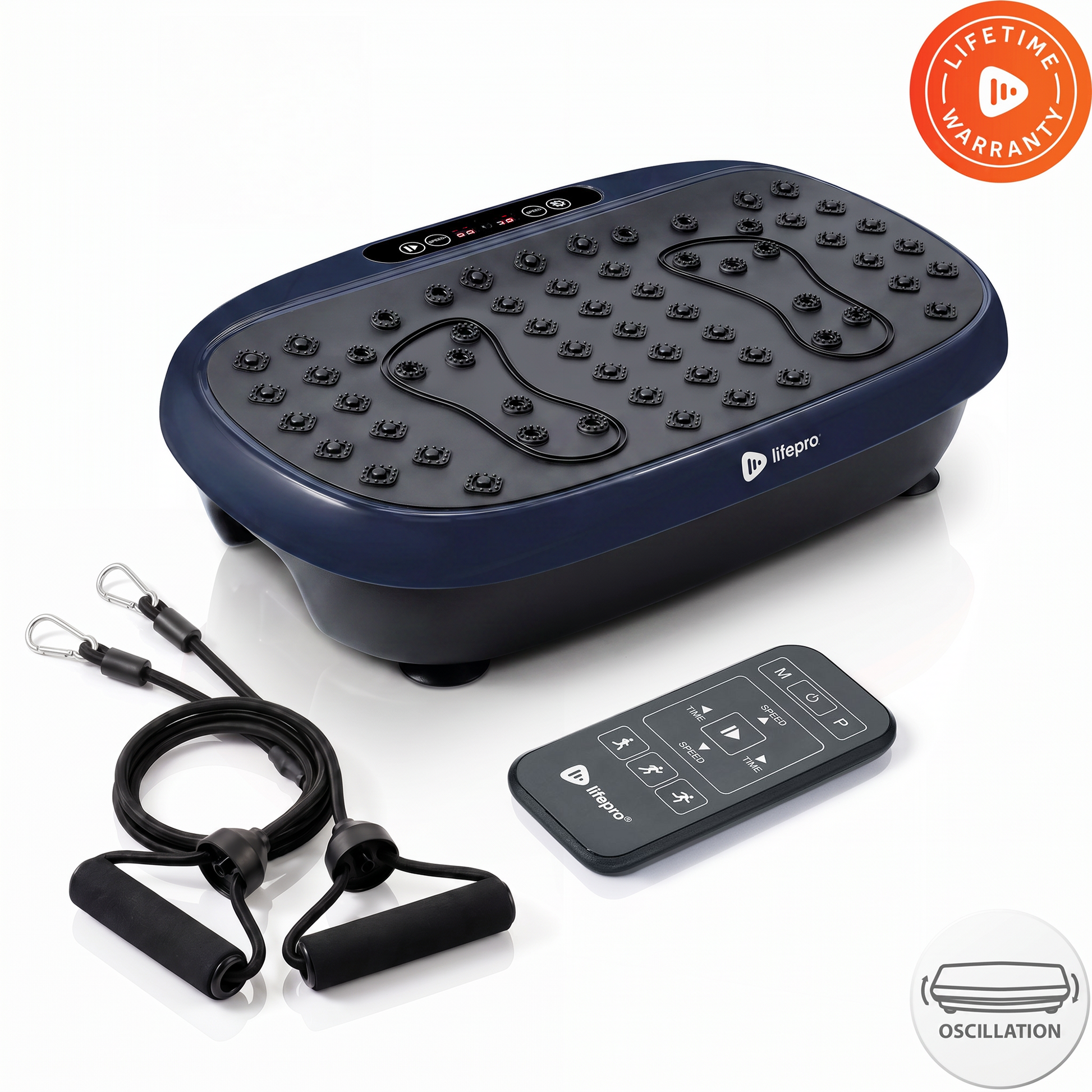 Navy blue HexaPlate Lite vibration plate with dozens of raised acupressure massage nodes and two foot-outline zones, its wireless remote and a resistance-tube attachment laid beside it, and a Lifetime Warranty badge — contradicts the surviving original product photo on this same listing, which shows a 2 Year Warranty badge instead.