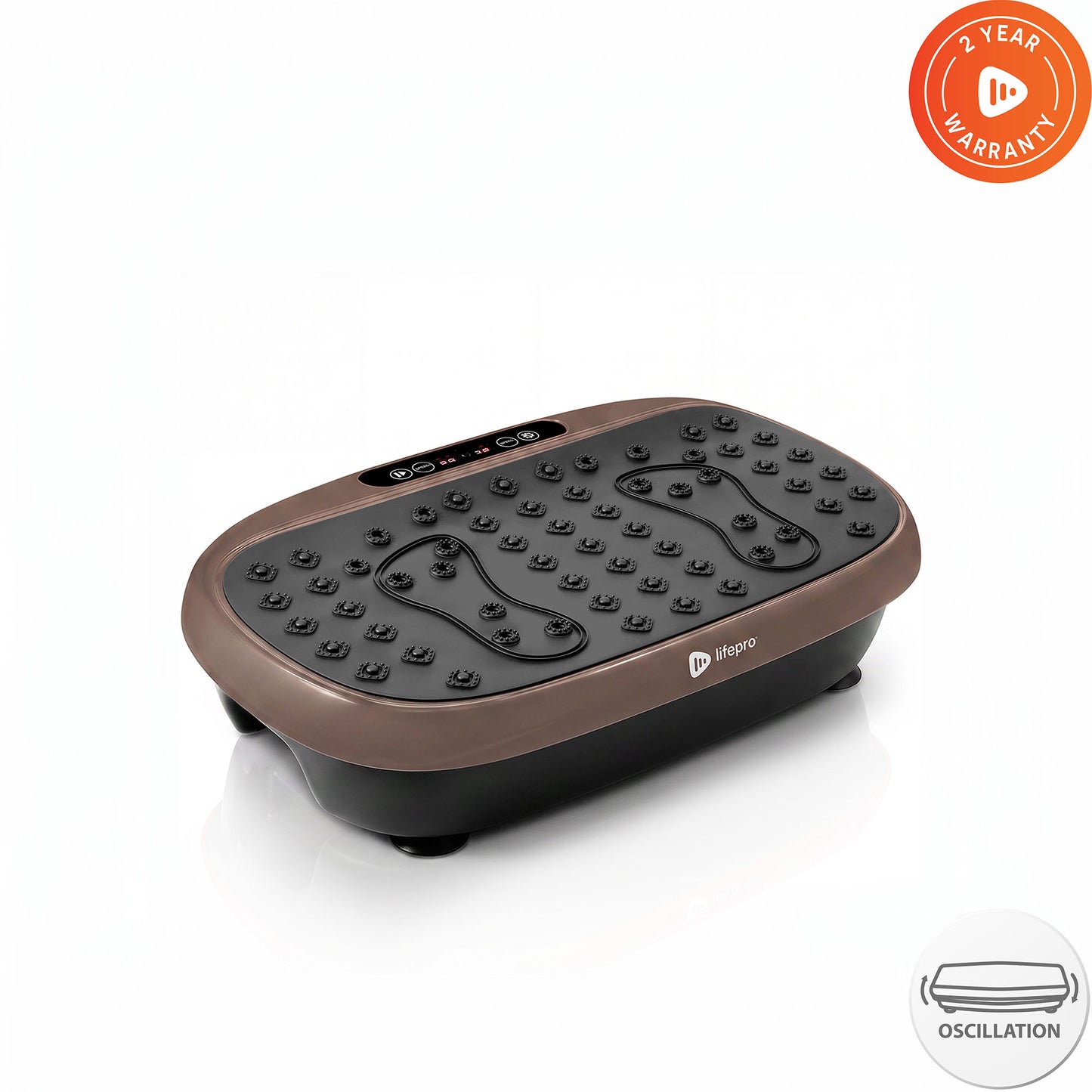 Lifepro HexaPlate Lite vibration plate in bronze, angled studio shot with 2-Year Warranty and oscillation badges.