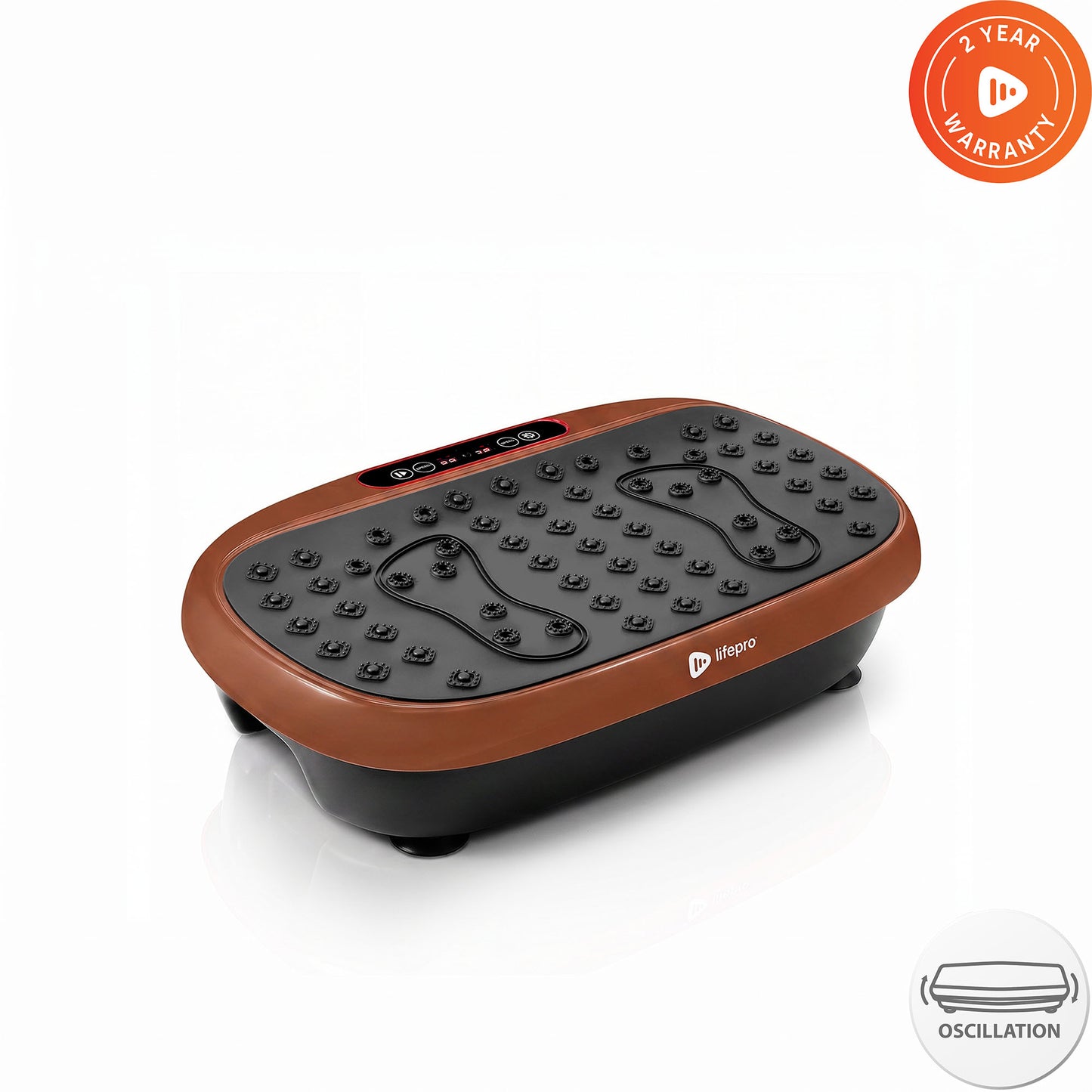 Lifepro HexaPlate Lite vibration plate in a burnt copper-orange finish, angled studio shot with 2-Year Warranty and oscillation badges.