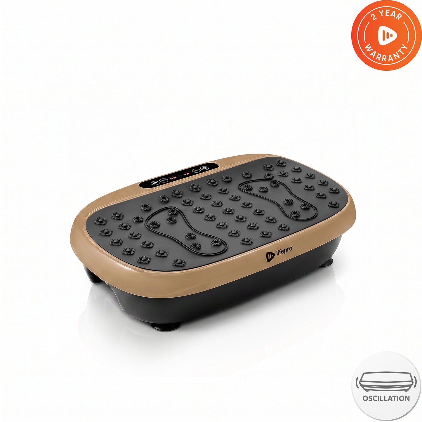 Lifepro HexaPlate Lite vibration plate in light gold, angled studio shot with 2-Year Warranty and oscillation badges.