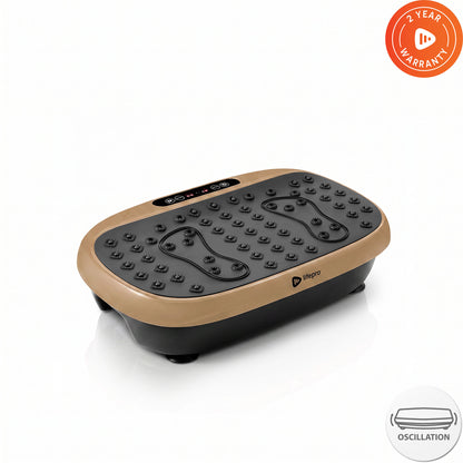 Lifepro HexaPlate Lite vibration plate in light gold, angled studio shot with 2-Year Warranty and oscillation badges.