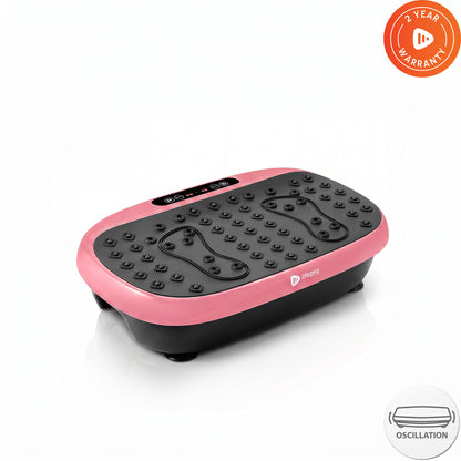 Lifepro HexaPlate Lite vibration plate in pink, angled studio shot with 2-Year Warranty and oscillation badges.