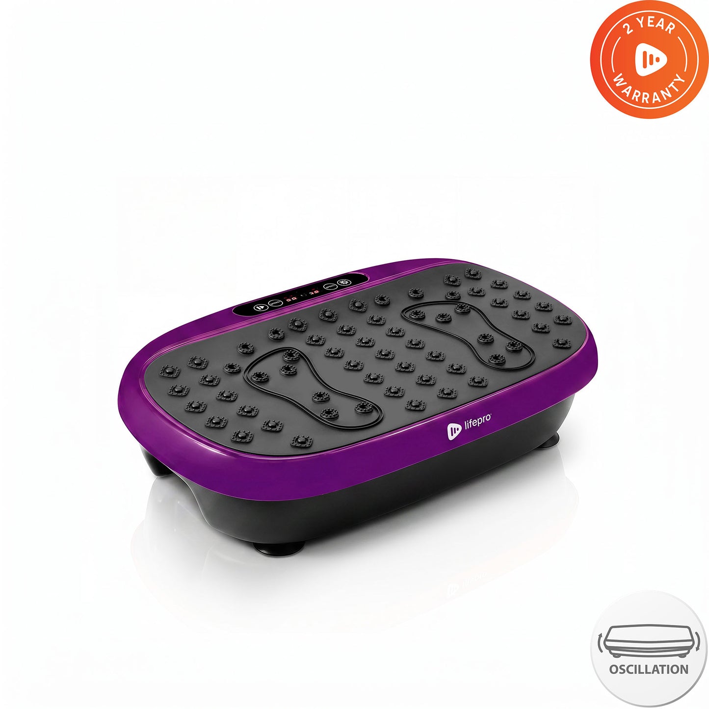 Lifepro HexaPlate Lite vibration plate in purple, angled studio shot with 2-Year Warranty and oscillation badges.