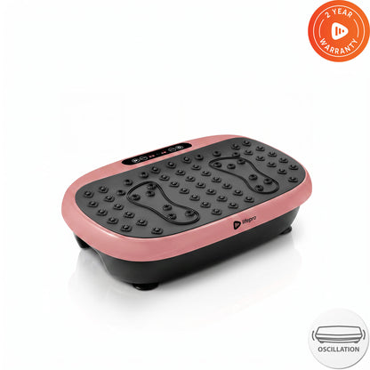 Lifepro HexaPlate Lite vibration plate in rose gold, angled studio shot with 2-Year Warranty and oscillation badges.