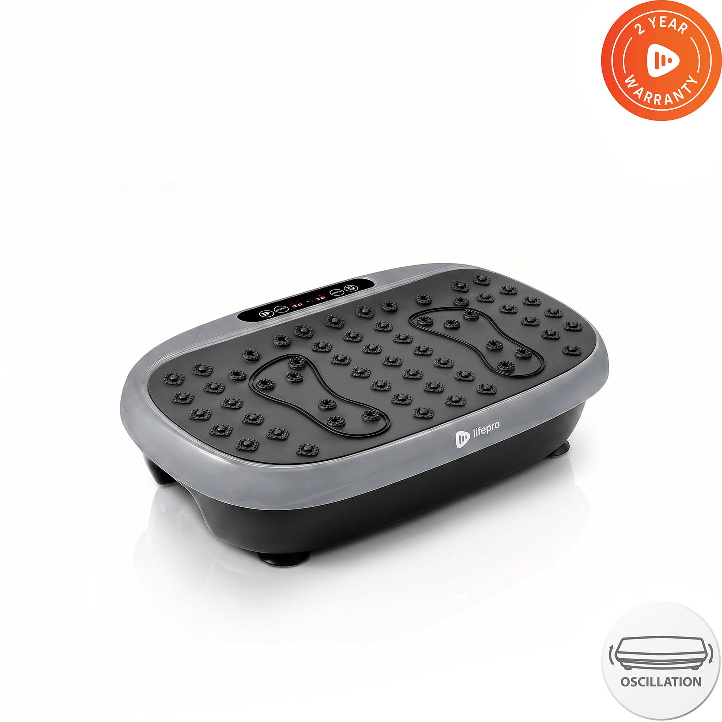 Lifepro HexaPlate Lite vibration plate in silver, angled studio shot with 2-Year Warranty and oscillation badges.