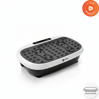 Lifepro HexaPlate Lite vibration plate in white, angled studio shot with 2-Year Warranty and oscillation badges.