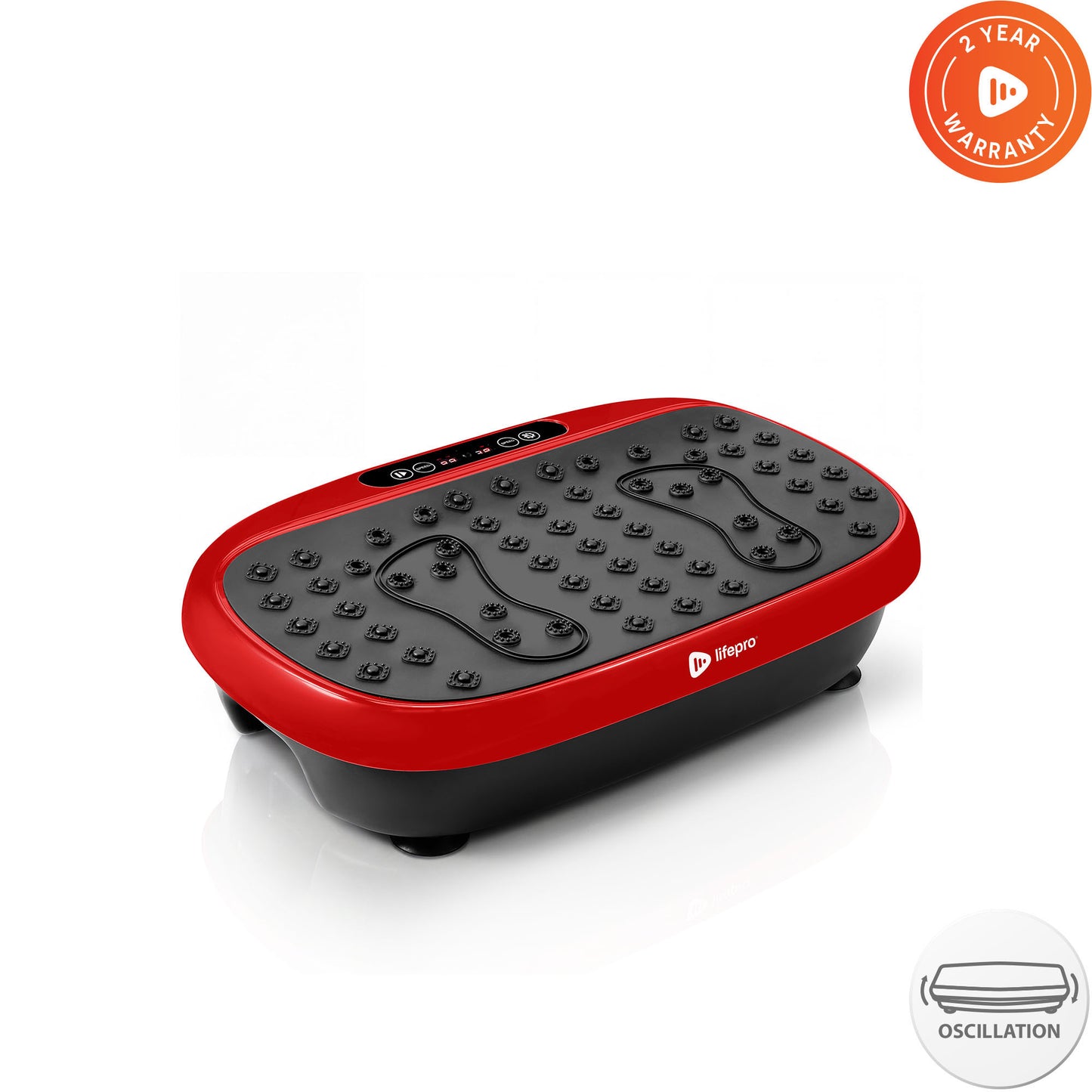 Lifepro HexaPlate Lite vibration plate in red, angled studio shot with 2-Year Warranty and oscillation badges.