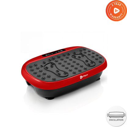 Lifepro HexaPlate Lite vibration plate in red, angled studio shot with 2-Year Warranty and oscillation badges.