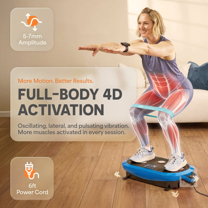 A woman in athletic wear stands on a blue and black full-body vibration platform in a living room, wearing a light blue resistance band around her legs. Large text overlays describe 'FULL-BODY 4D ACTIVATION' and '5-7mm Amplitude', with a power cord shown at the bottom right.