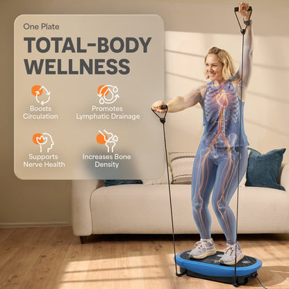 A woman stands on a blue and black total-body wellness plate in a living room, holding resistance handles. A large text panel on the left reads 'TOTAL-BODY WELLNESS' with feature icons for circulation, lymphatic drainage, nerve health, and bone density.