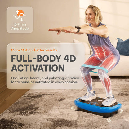 Blue Rumblex Mini vibration plate on a wood floor with dimension callouts (26.4" long, 15.4" wide, 6" tall) and included bands/remote, listing non-slip surface, 4 suction cups, 3 programs & 60 speeds, and 240 lb capacity.