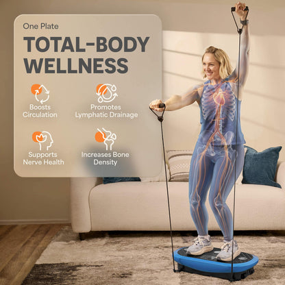 Woman holding overhead resistance tube handles while standing on the vibration plate, with a body diagram highlighting circulation, lymphatic drainage, nerve health, and bone density benefits.
