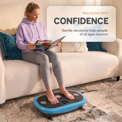 Woman sitting on a couch reading a magazine with bare feet resting on the blue Rumblex Mini, under the heading "Stay Active With Confidence."