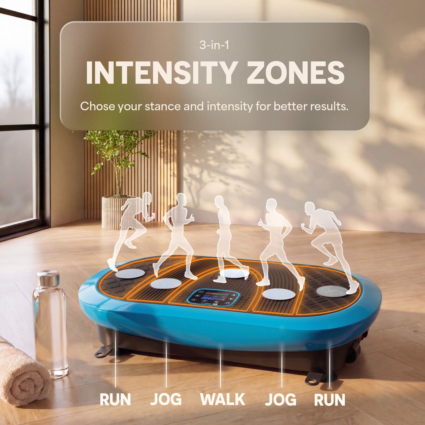 Diagram of five running-stance silhouettes over the vibration plate's platform zones, illustrating the 3-in-1 run/jog/walk/jog/run intensity zones.
