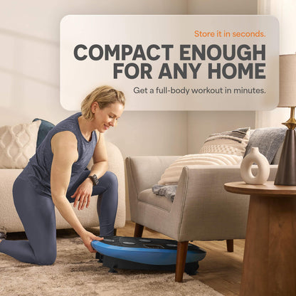 Woman kneeling to slide the blue Rumblex Mini vibration plate under a sofa, under the heading "Compact Enough for Any Home."