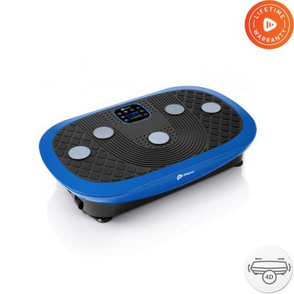 Blue Rumblex Mini vibration plate, angled view, showing digital display and four accessory attachment discs, with Lifetime Warranty and 4D oscillation badges.