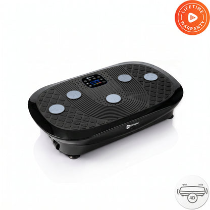 Black Rumblex Mini vibration plate, angled view, showing digital display and four accessory attachment discs, with Lifetime Warranty and 4D oscillation badges.