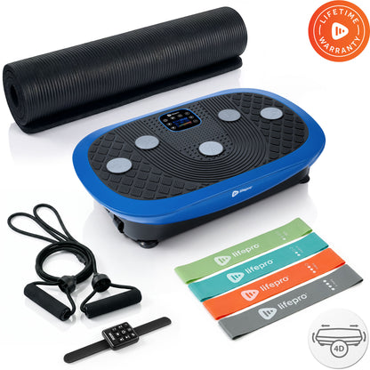 Blue Rumblex Mini vibration plate with included yoga mat, resistance tube handles, four color-coded loop resistance bands, and wrist remote, Lifetime Warranty badge.