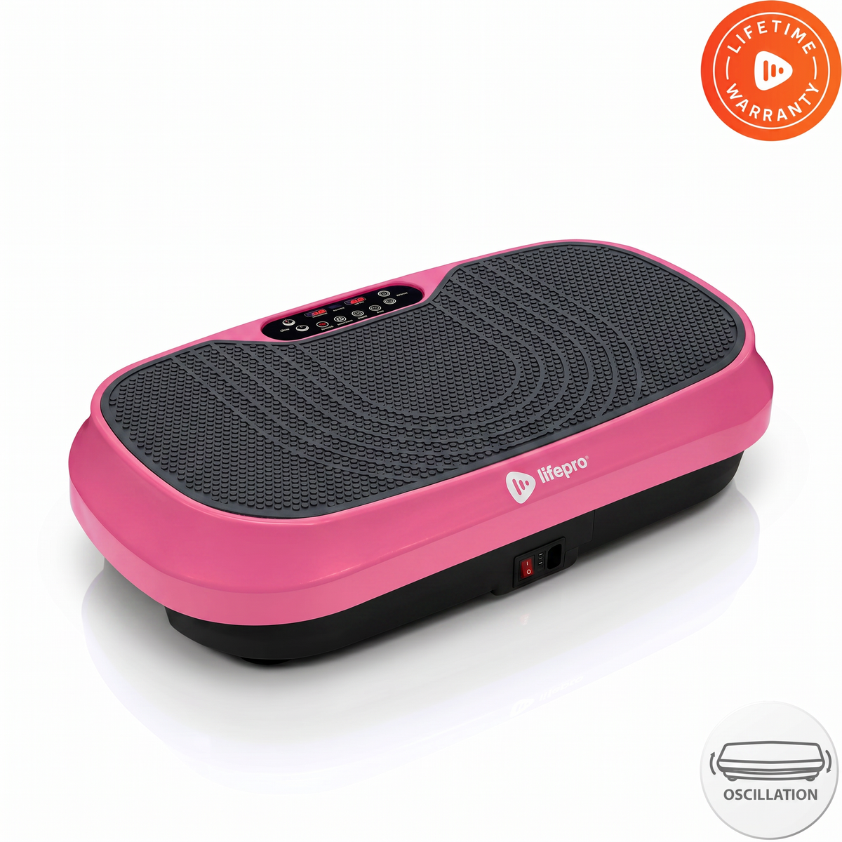 Pink Lifepro Waver Mini vibration plate shown at an angle, with a lifetime warranty badge and oscillation icon