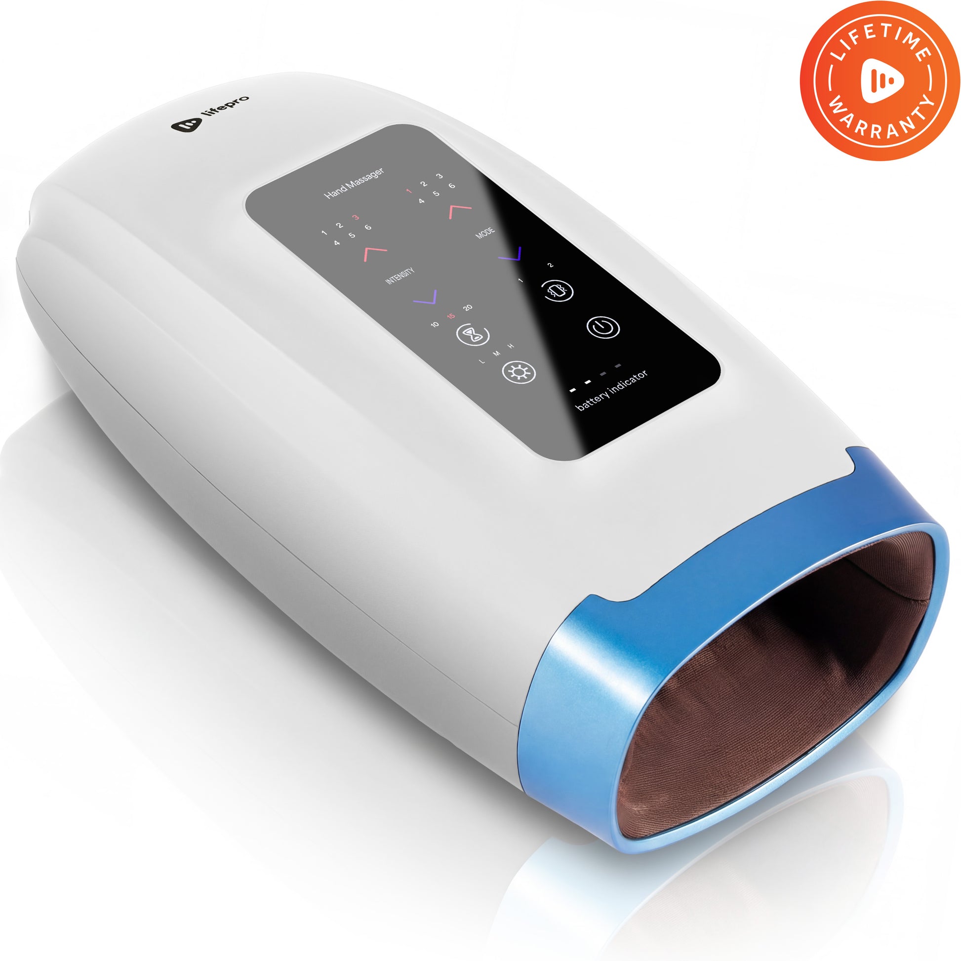 White and blue Legra Plus hand massager with its touchscreen control panel and a Lifetime Warranty badge.