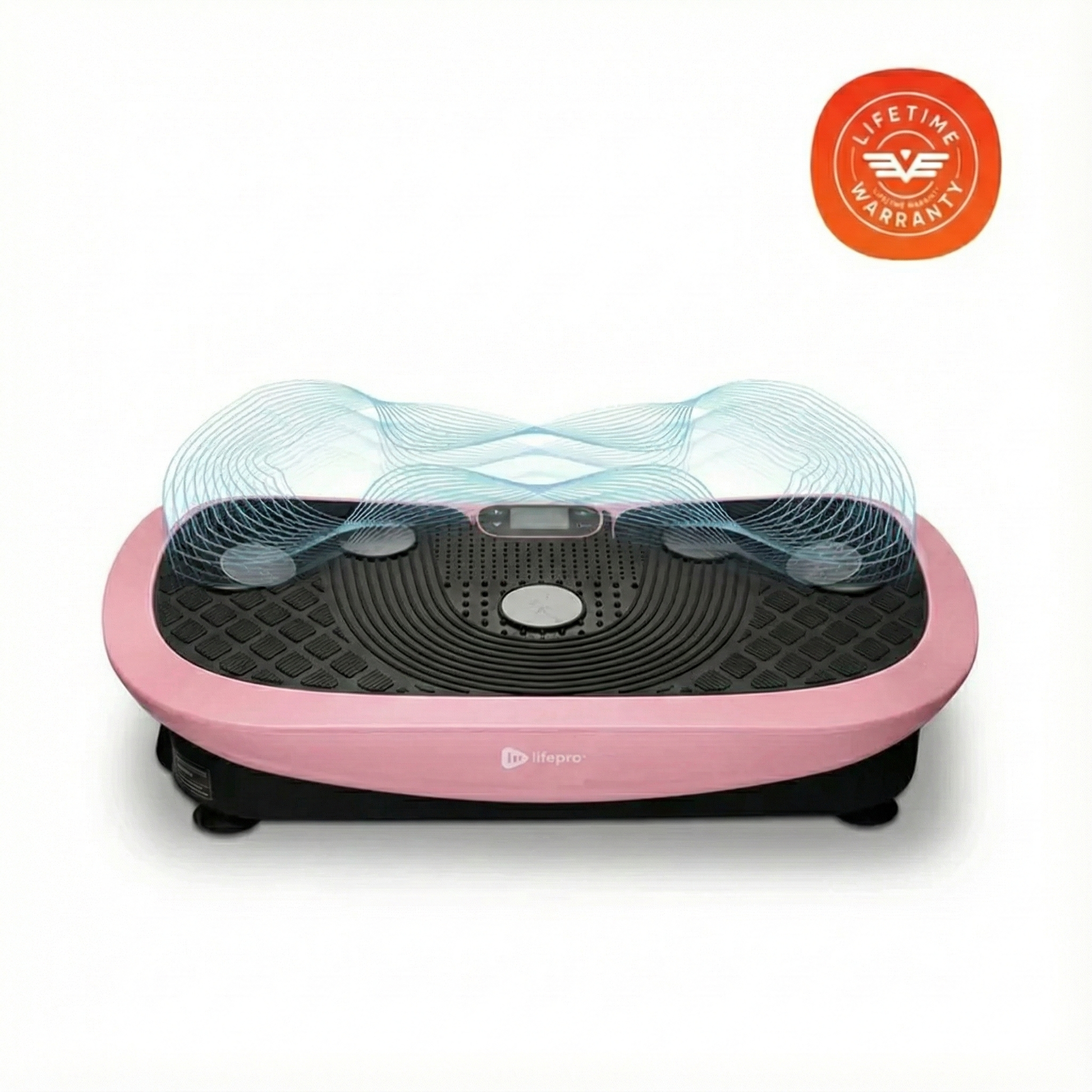 Lifepro Rumblex Plus 4D vibration plate in pink, front view with blue vibration motion graphics and a lifetime warranty badge