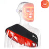 Red light therapy face mask glowing red on a mannequin head, paired with a red light shoulder and chest wrap glowing on a mannequin torso, with a Lifetime Warranty badge.