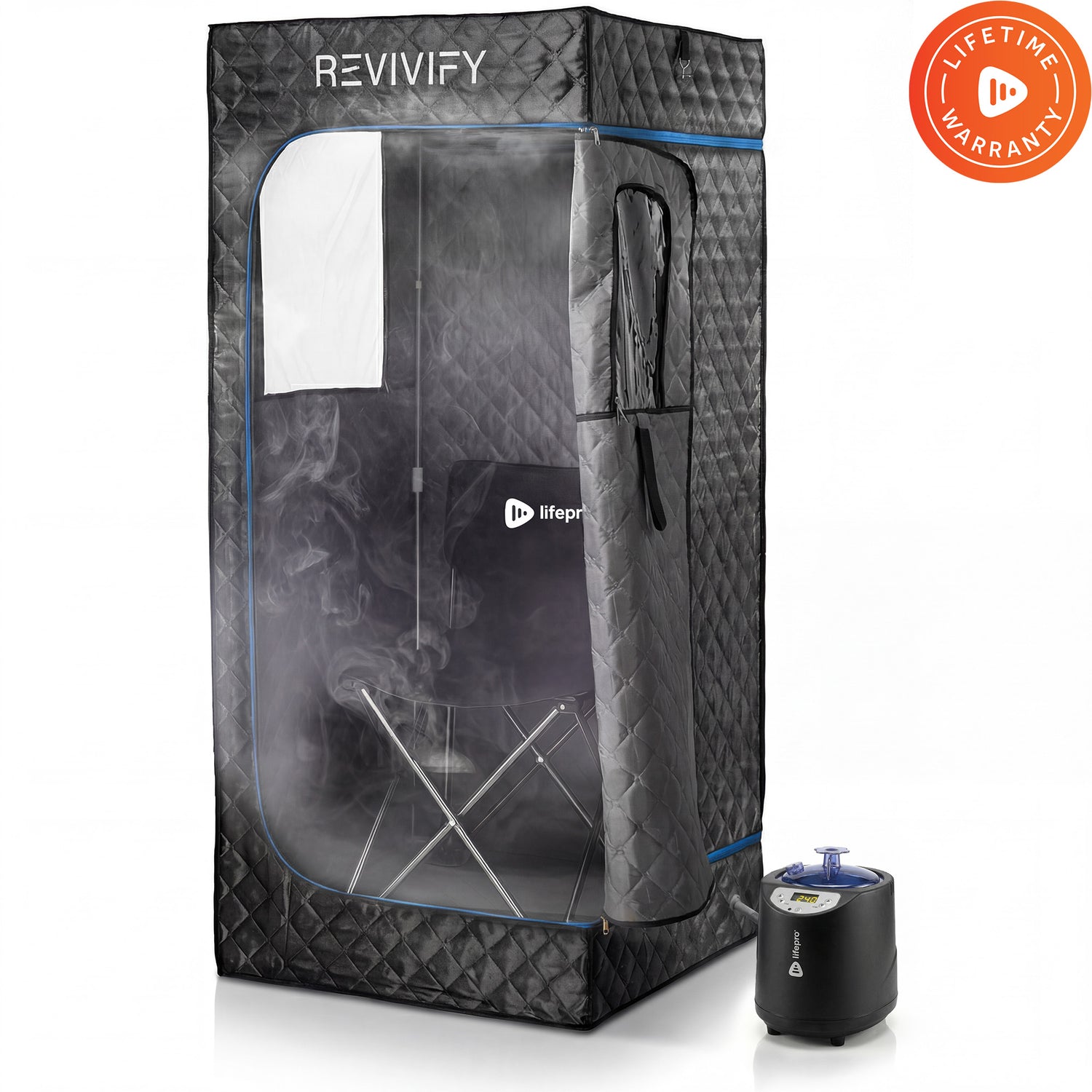 Revivify Mini portable steam room tent filled with steam around a folding chair, with its steamer unit beside it and a Lifetime Warranty badge.