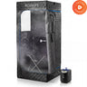Revivify Mini portable steam room tent filled with steam around a folding chair, with its steamer unit beside it and a Lifetime Warranty badge.