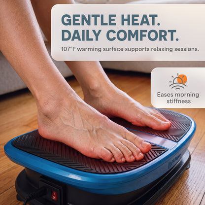 Close-up of bare feet resting on the VibraVoice plate's heated surface, with a Gentle Heat, Daily Comfort callout.