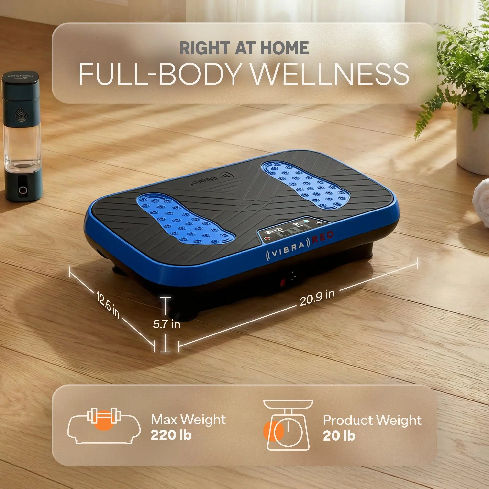 Vibration plate on a wooden floor with dimensions and weight information displayed.