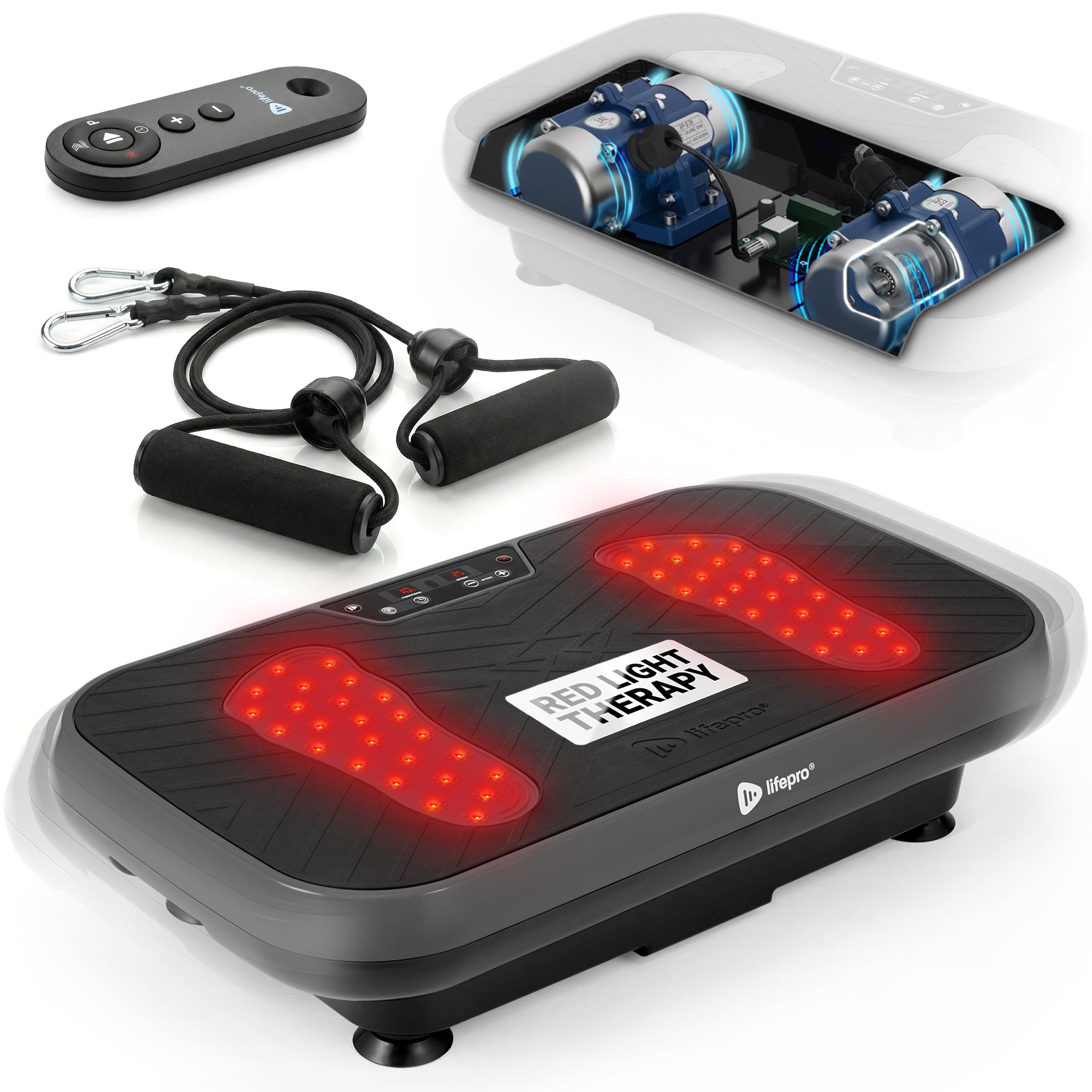 VibraRed vibration plate in black shown with remote control and resistance bands, with a cutaway view of the internal motors