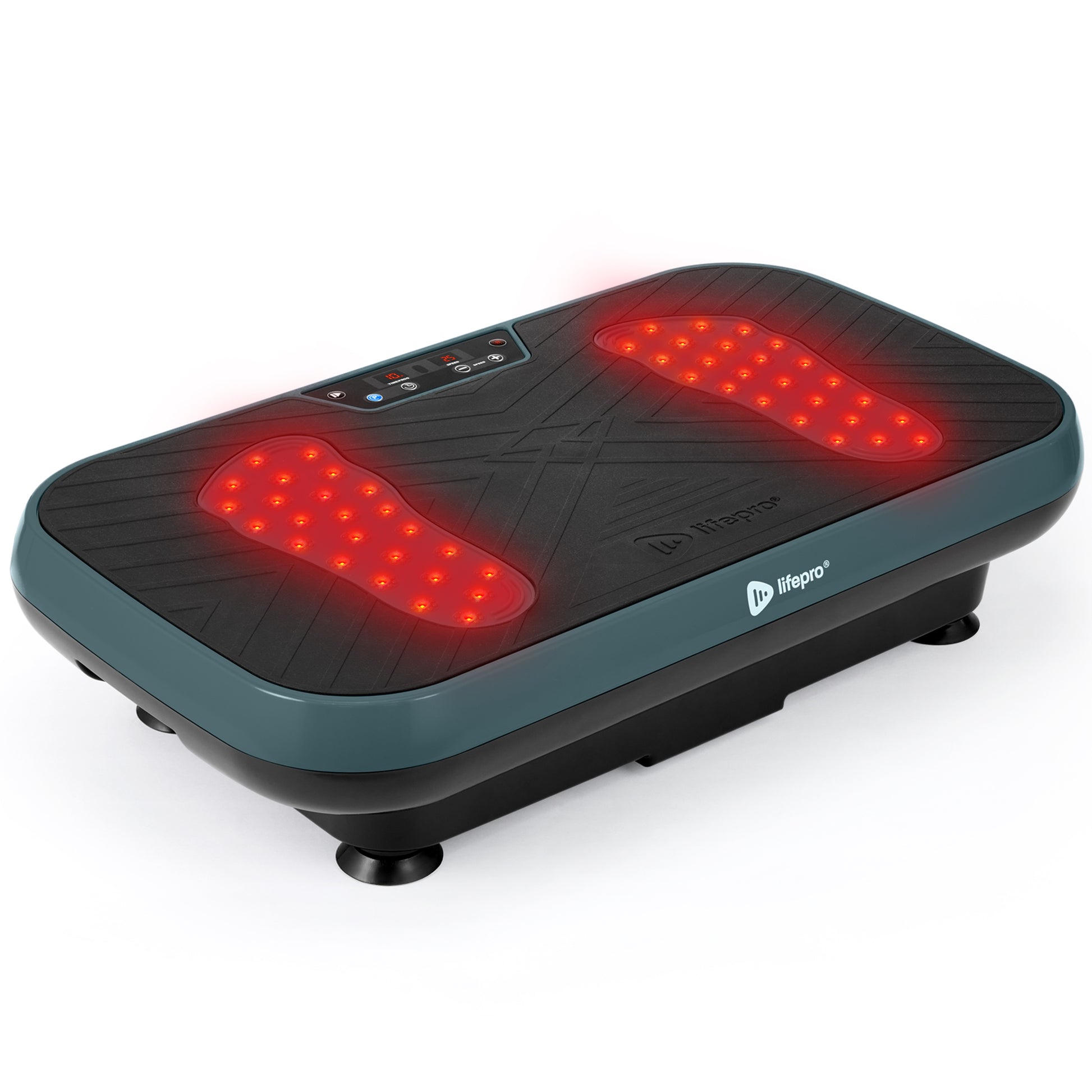 VibraRed vibration plate in jade green, front view showing the red and near-infrared light therapy LEDs on the footpads