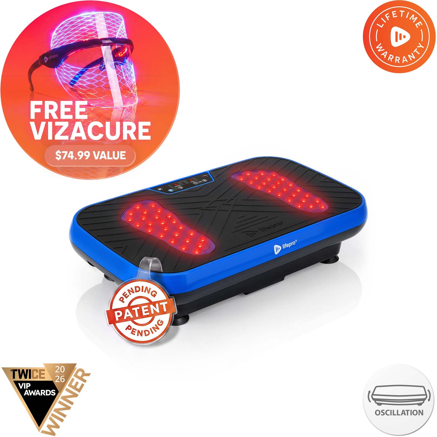 VibraRed vibration plate in blue with red light therapy LEDs lit, next to a promo for a free VizaCure red light face mask and glasses, a $74.99 value.