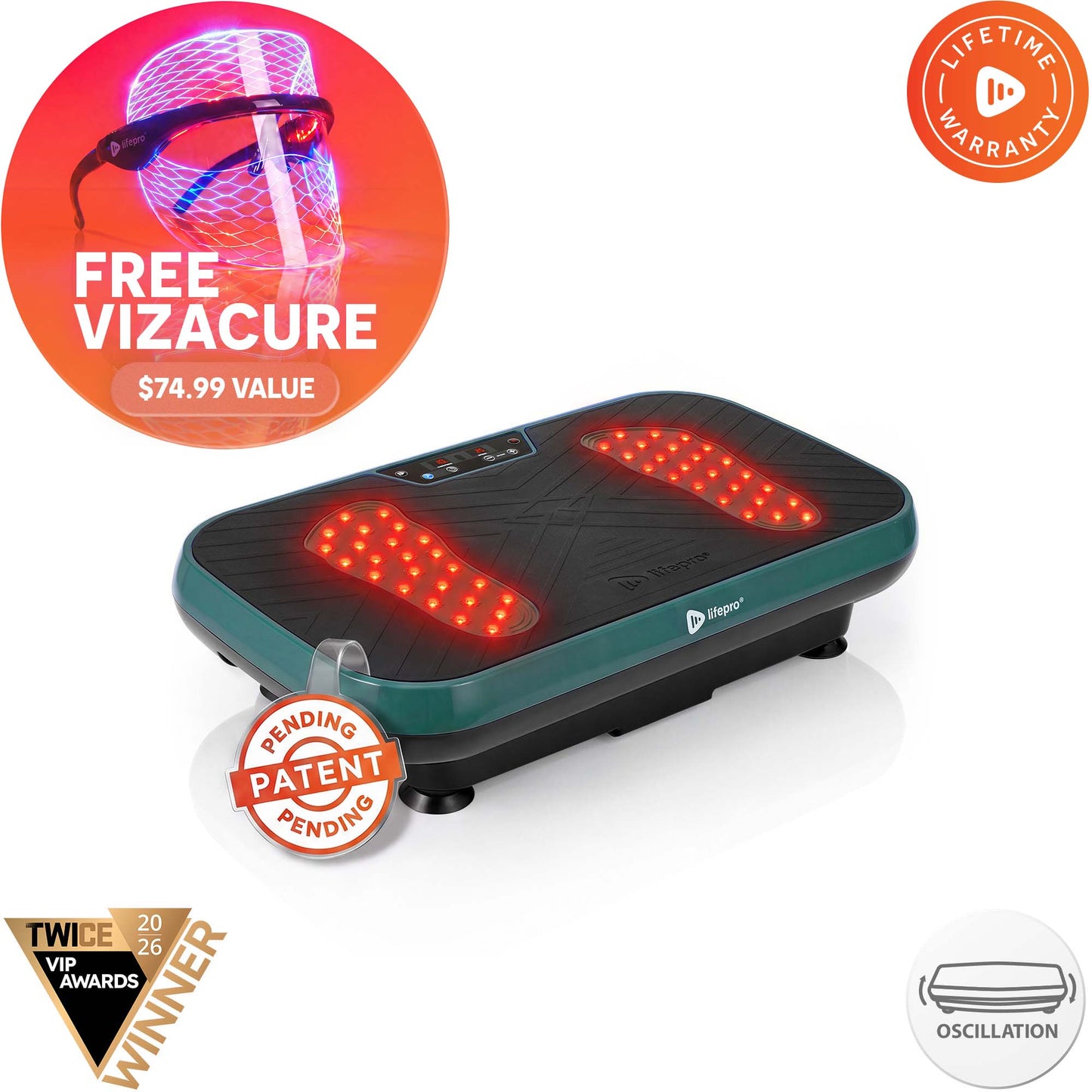 VibraRed vibration plate in jade green with red light therapy LEDs lit, next to a promo for a free VizaCure red light face mask and glasses, a $74.99 value.