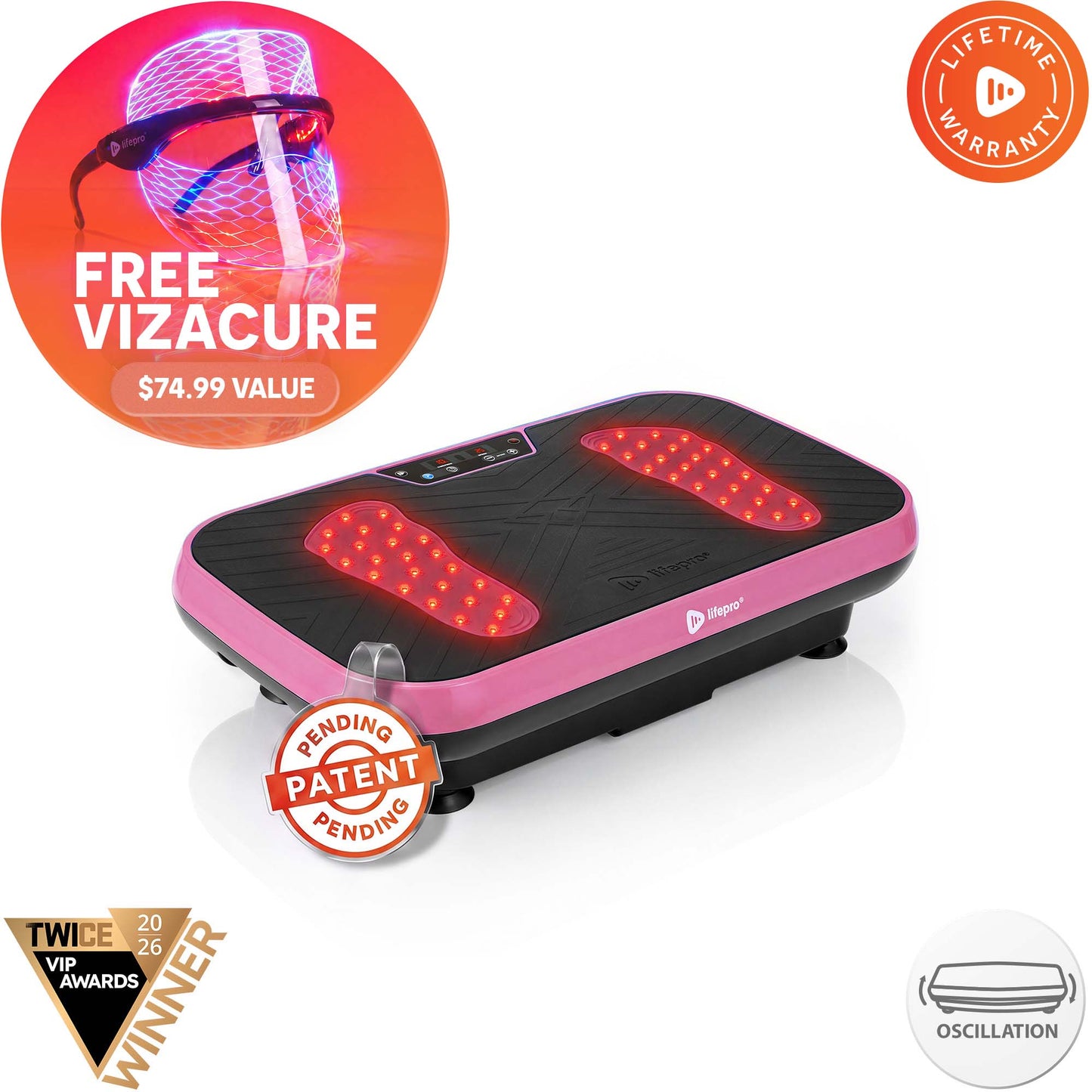 VibraRed vibration plate in pink with red light therapy LEDs lit, next to a promo for a free VizaCure red light face mask and glasses, a $74.99 value.