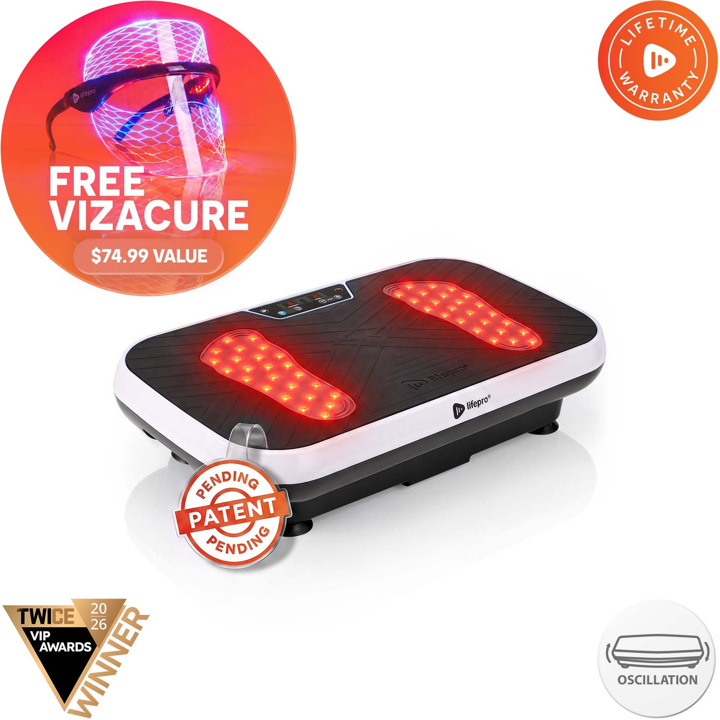 VibraRed vibration plate in white with red light therapy LEDs lit, next to a promo for a free VizaCure red light face mask and glasses, a $74.99 value.