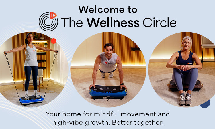 A vertical-friendly hero image for The Wellness Circle featuring the headline "Welcome to The Wellness Circle" and the tagline "Your home for mindful movement and high-vibe growth." It displays three circular windows showing instructors exercising on Lifepro vibration platforms.